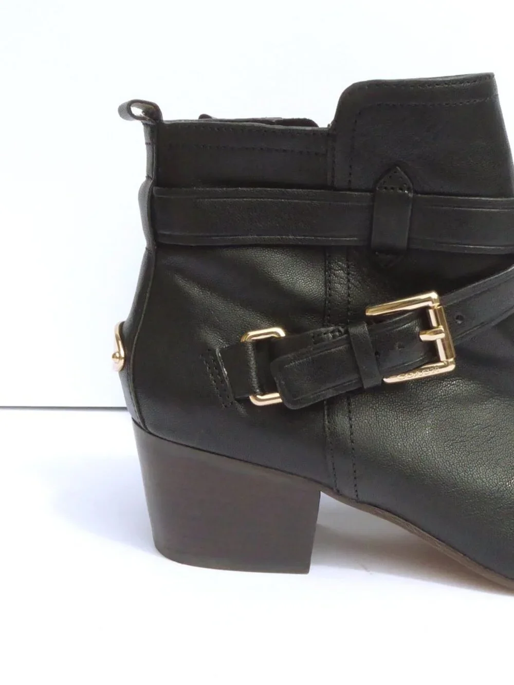 Coach black leather pauline booties with gold hardware buckle boots size 8